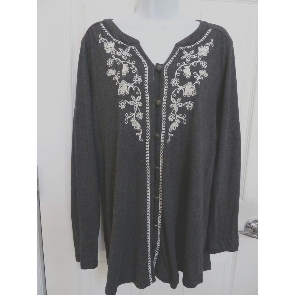 J. Jill Gray Embroidered Button-Up Tunic Top Boho Cotton Modal Sz L 14/16